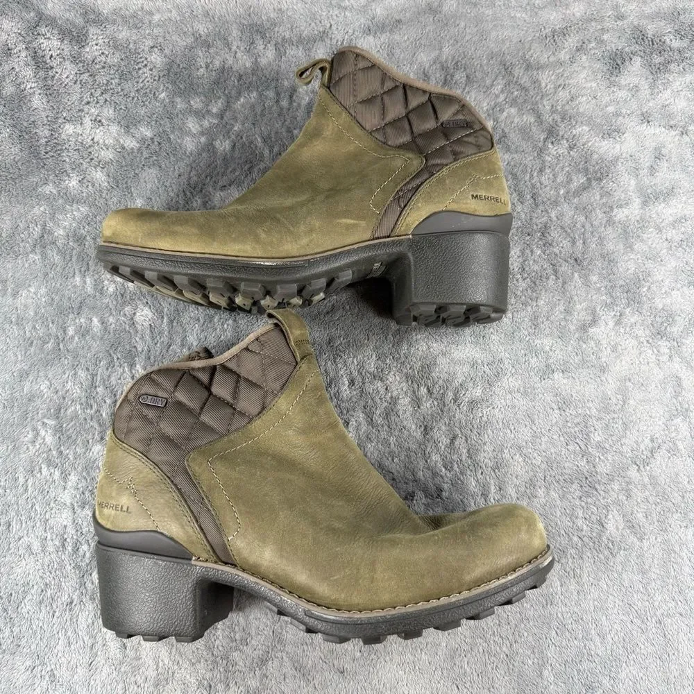 Women’s 9 Merrell Chateau II Dusty Olive Mid Boots Side‎ Zip Waterproof J45548